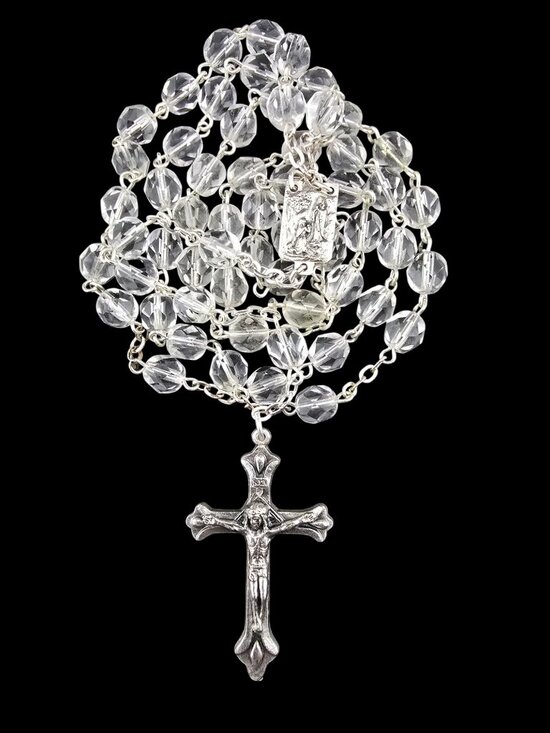 Unknown Jewelry - Vintage Silver Tone Crucifix & Faceted Crystal Rosary Virgin Mary 59 Beads